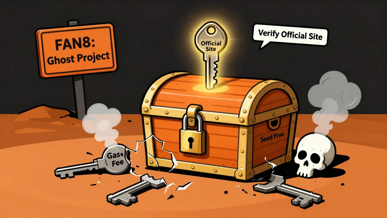 A locked wallet with broken scam keys around it, glowing key to verify official sites above, cartoon warning theme.