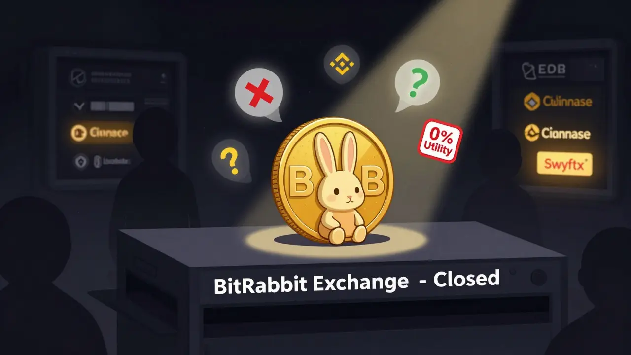 A lonely BRB token coin abandoned on a shelf as other exchanges glow safely in the distance.