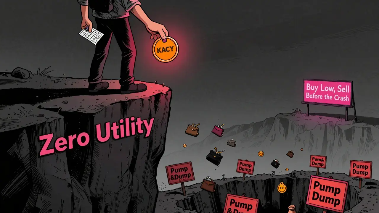 A person at a cliff's edge holding KACY token and a lottery ticket, surrounded by falling wallets.