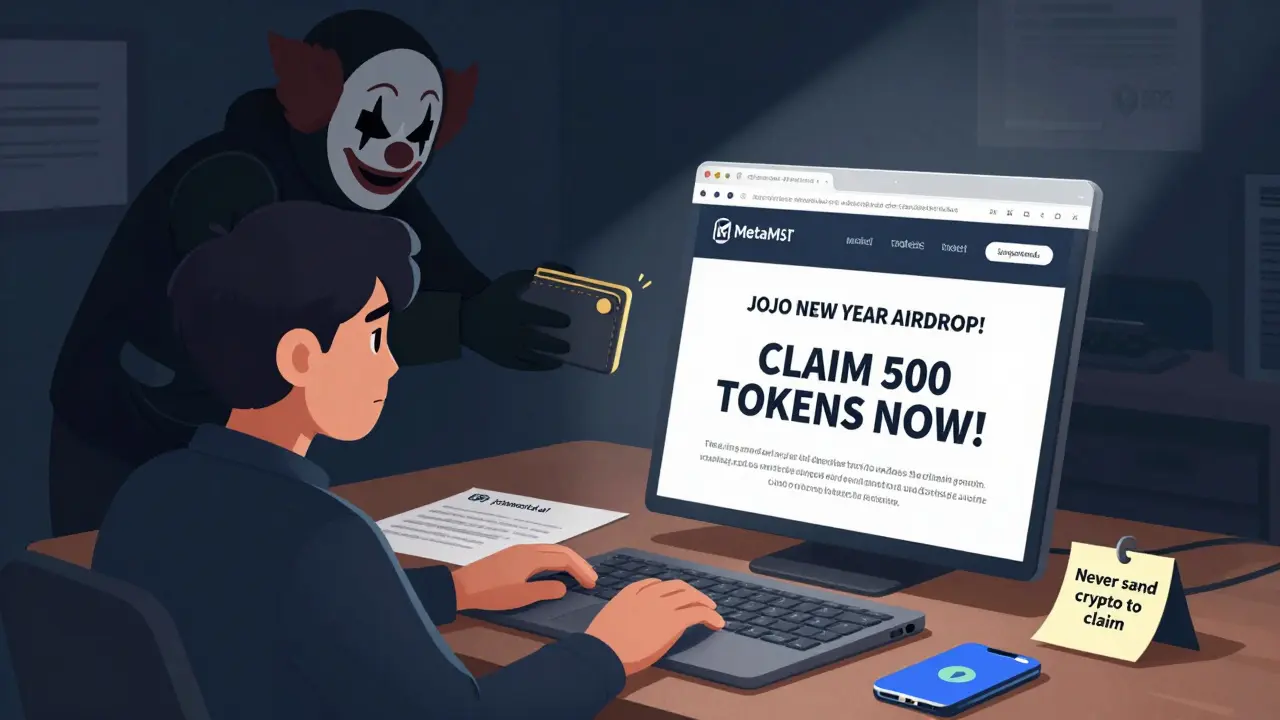 A person being scammed by a fake JOJO airdrop pop-up, while official wallet info is visible on their desk.
