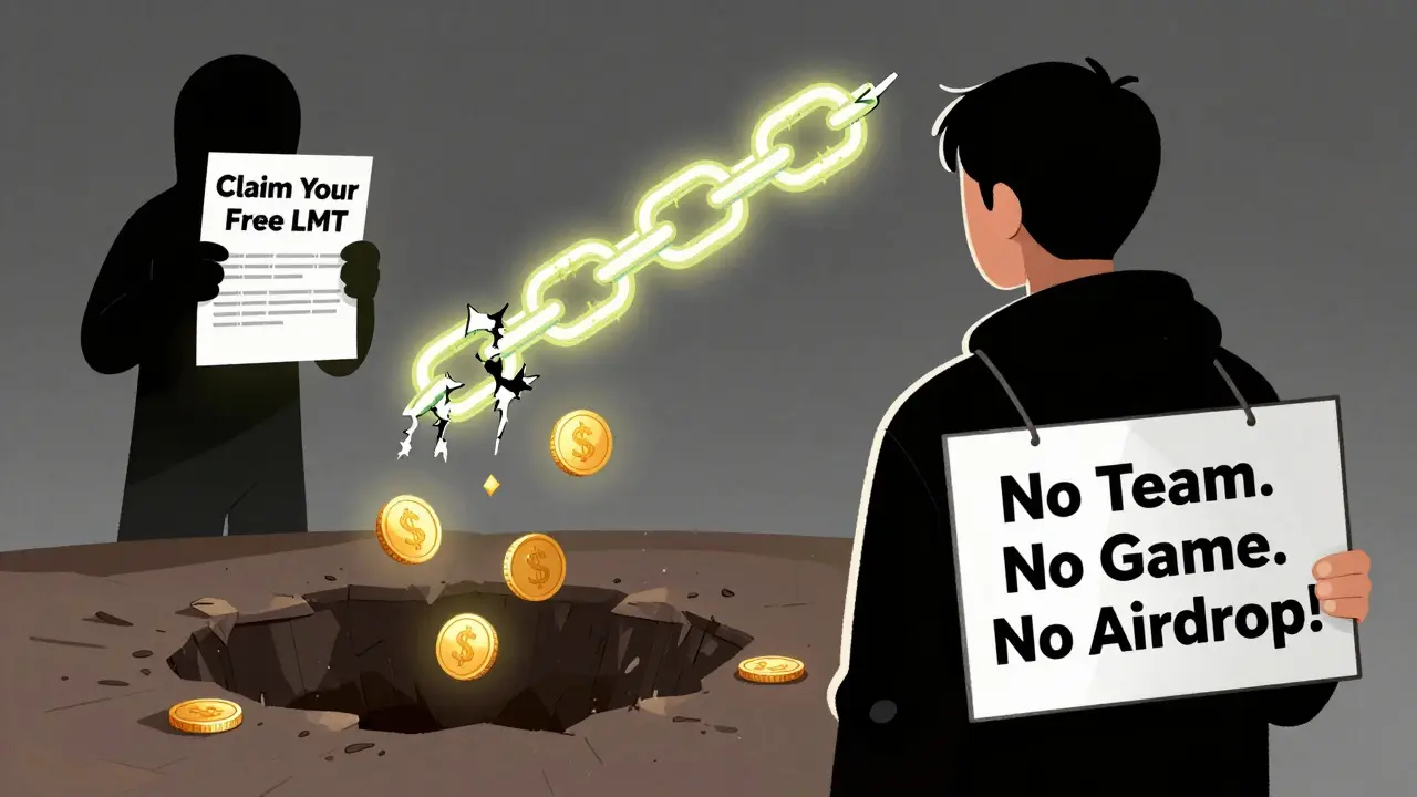 A person ignores a phishing flyer as a blockchain breaks, dropping tokens into a void.