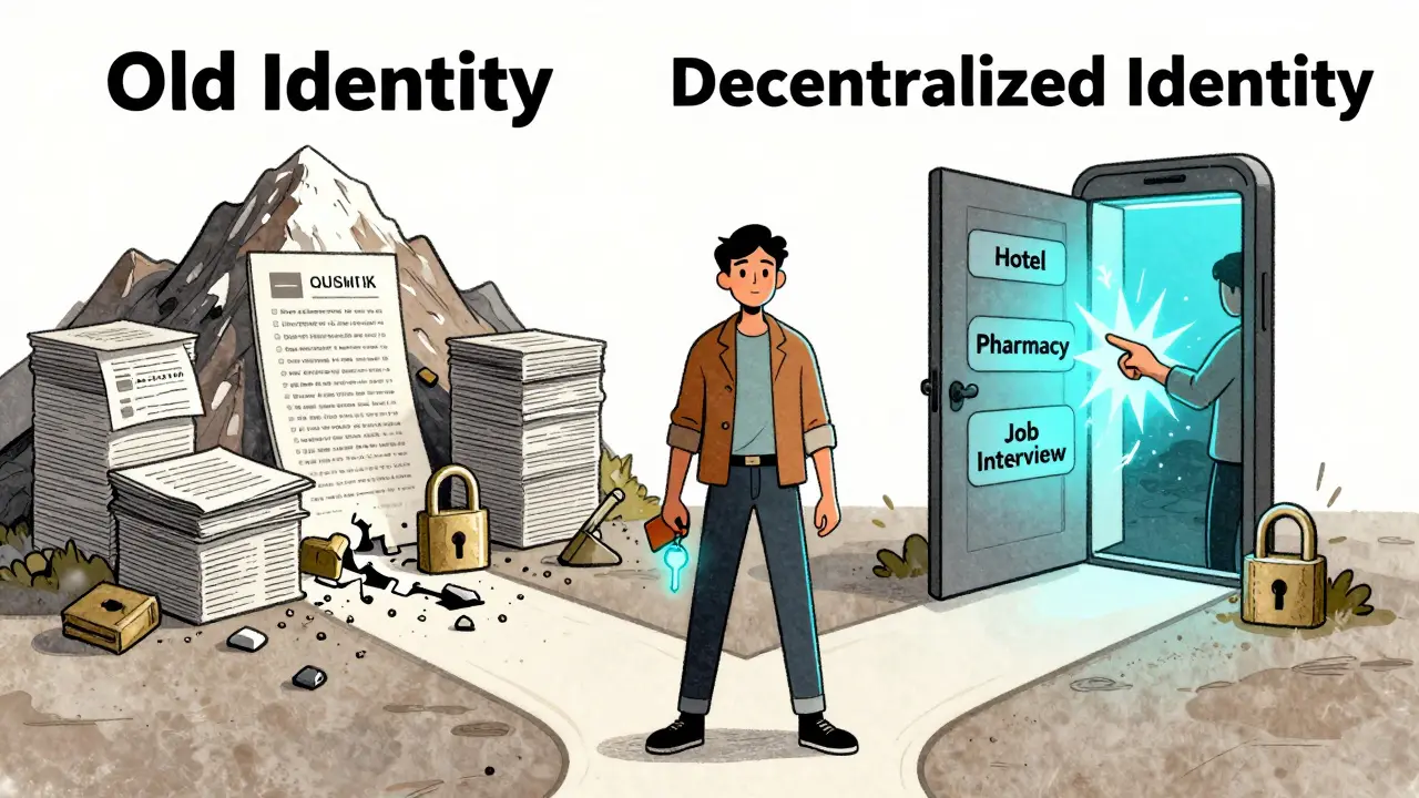 A person walks toward a future of seamless identity verification, leaving behind a pile of outdated login systems.