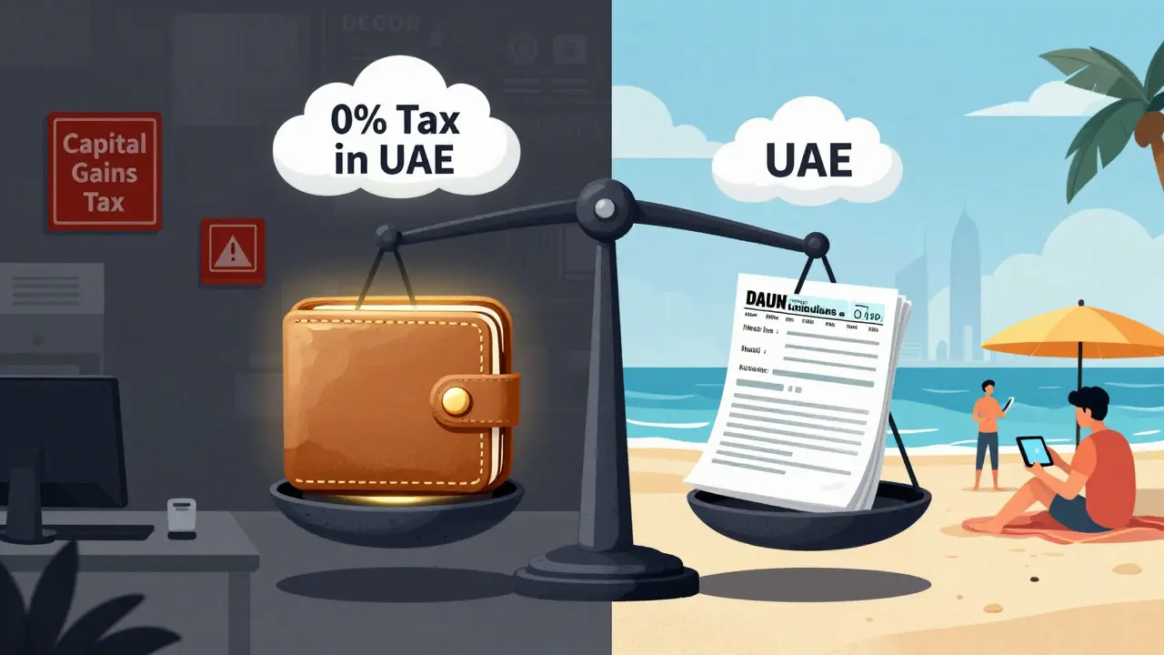 A scale balancing a crypto wallet against tax forms, with UAE freedom on one side and global taxes on the other.