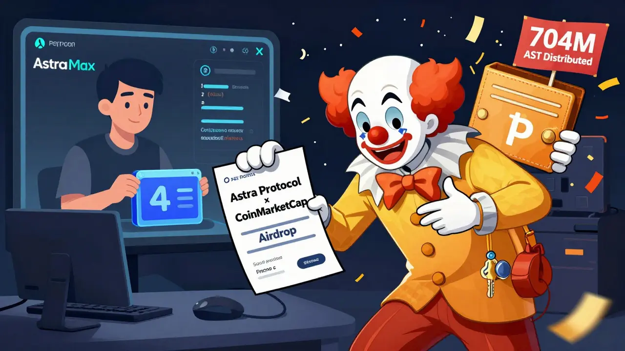 A scammer tricking a wallet with a fake airdrop, while real compliance tech integrates quietly behind them.