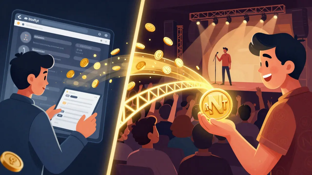 A split scene contrasts streaming pennies with NFT royalties flowing back to a musician and fans.