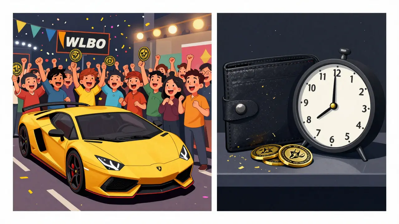 A split scene: joyful Lamborghini giveaway on one side, unused WLBO tokens gathering dust on the other.