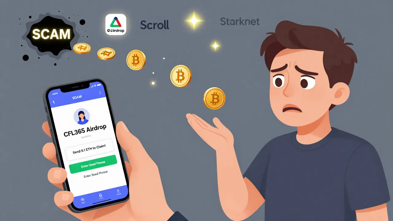 A user sees a fake airdrop page while coins vanish into a black hole labeled 'SCAM'.