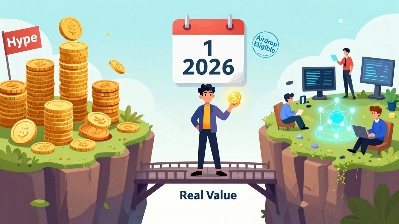 A user standing on a bridge of real value, with a glowing JOJO token as a symbol of sustainable crypto engagement.