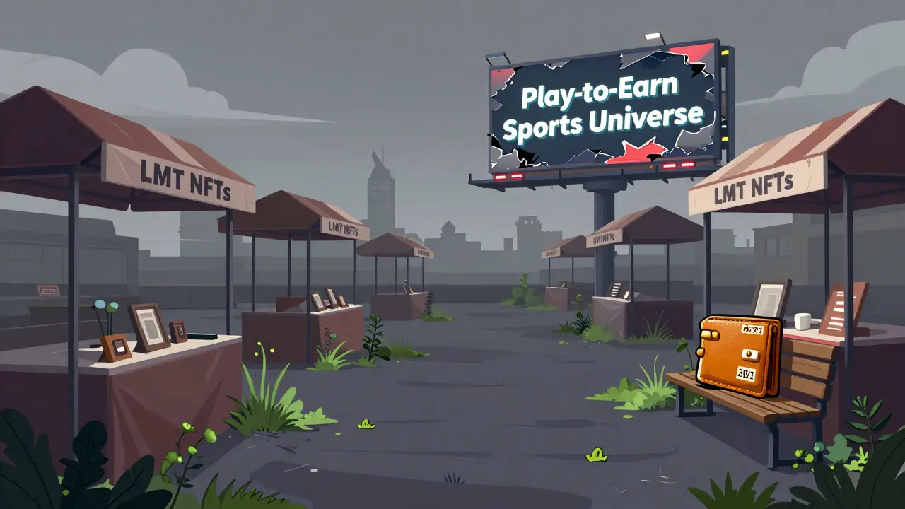 An abandoned digital marketplace with empty NFT stalls and a lone 2021 wallet under a broken billboard.