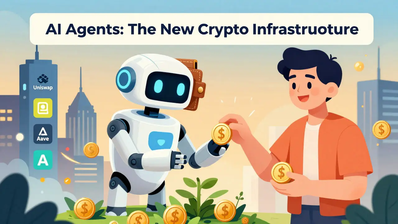 An AI agent with a wallet head collects yield from DeFi protocols and gives a token to a user, symbolizing autonomous crypto services.