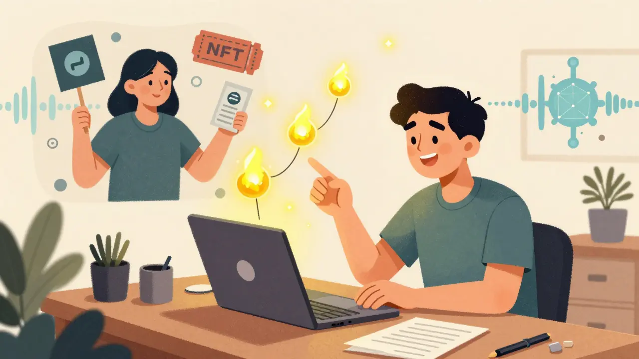 An artist watches NFT tokens rise from their laptop, connected to fans holding exclusive rewards.