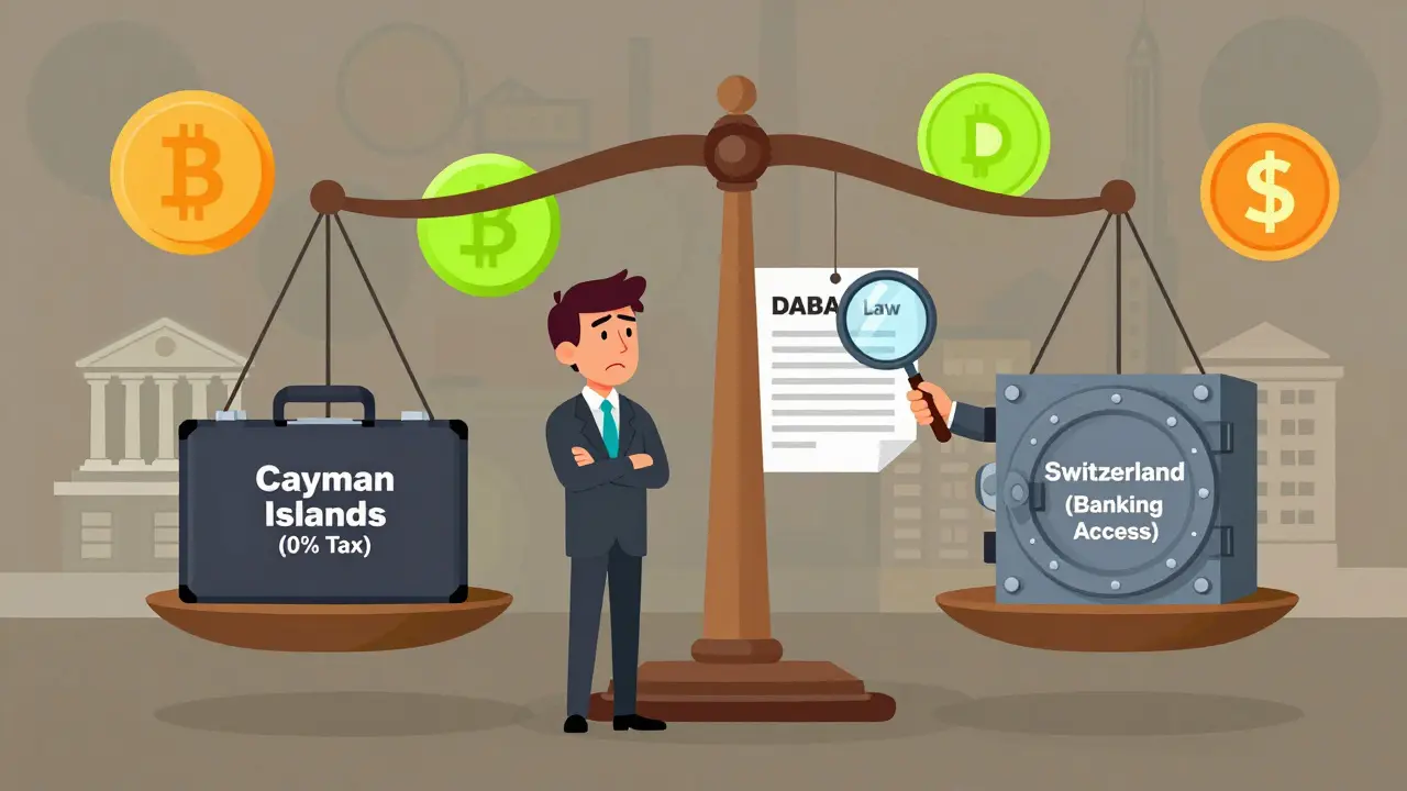 Balanced scale comparing Cayman Islands tax benefits against Switzerland's banking access, with legal documents and crypto icons in background.