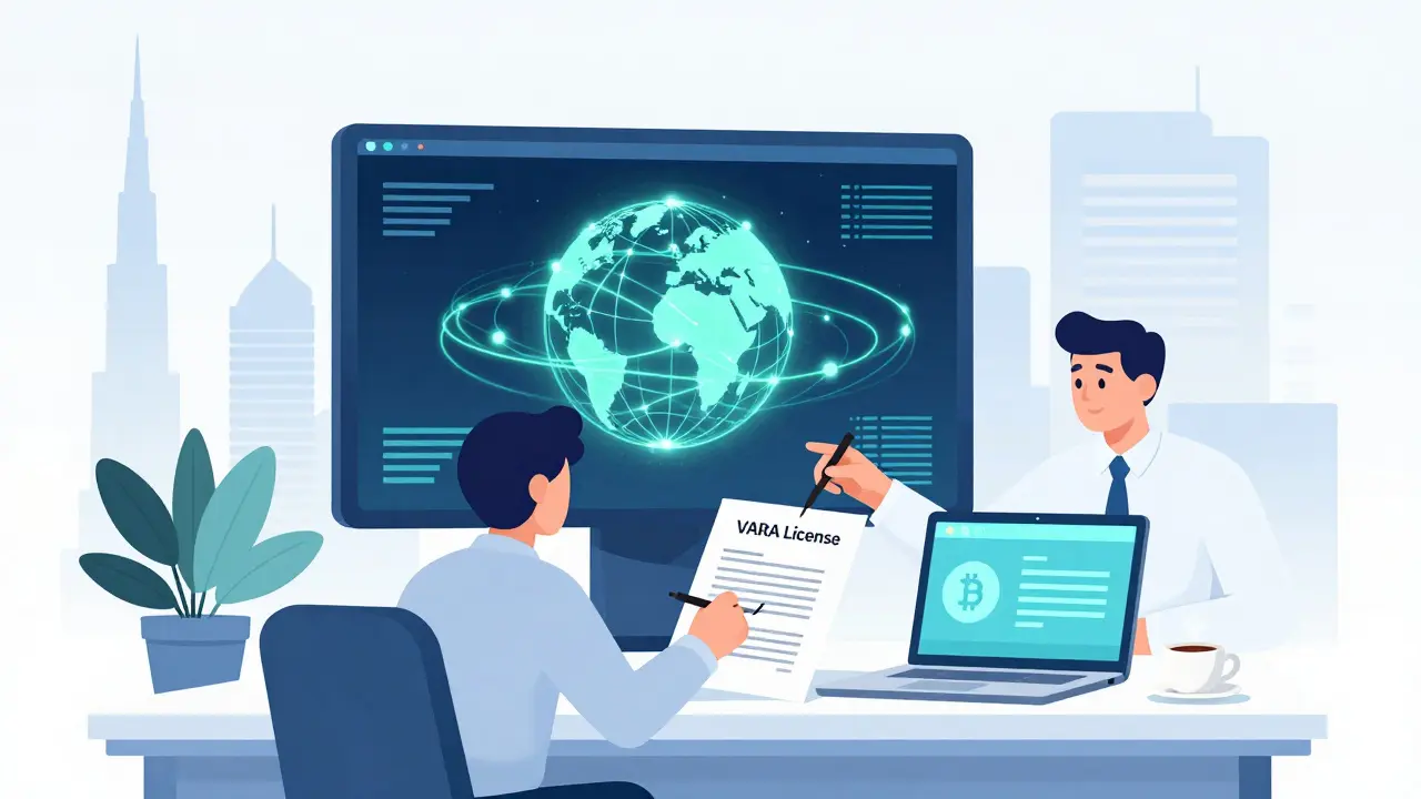 Business owner signing a crypto license in a modern Dubai office with a glowing blockchain screen behind them.