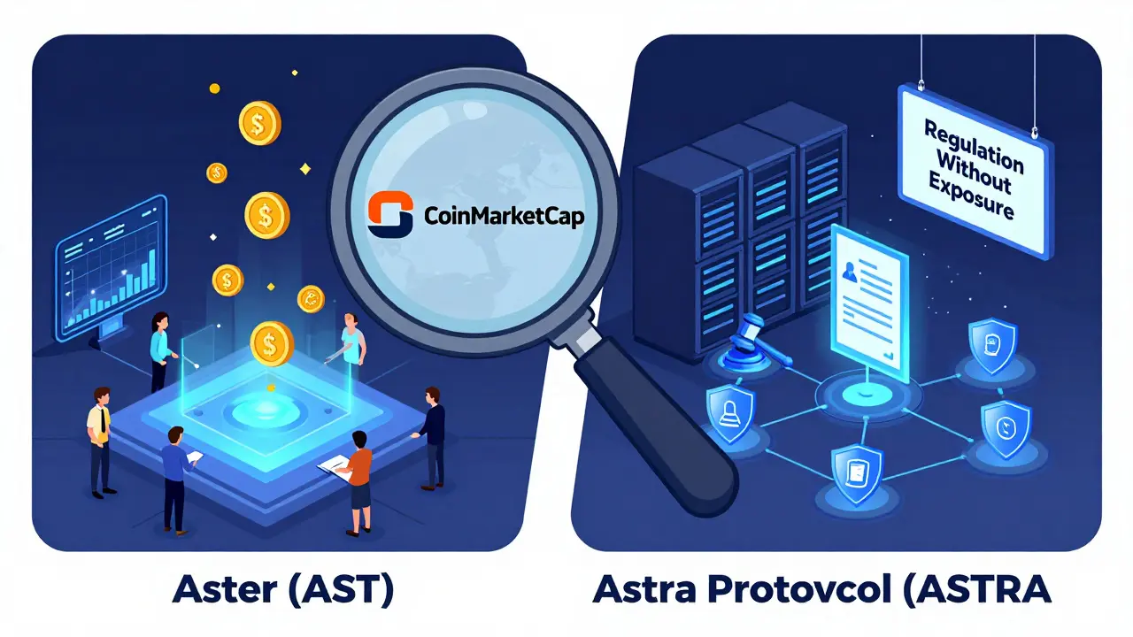 CoinMarketCap’s magnifying glass comparing a trading platform with a compliance system on separate blockchains.