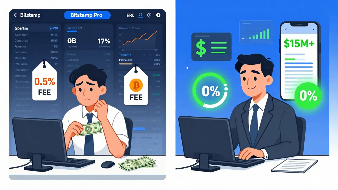 Contrasting retail and institutional trading experiences at Bitstamp, showing high fees for small traders and zero fees for large volumes.