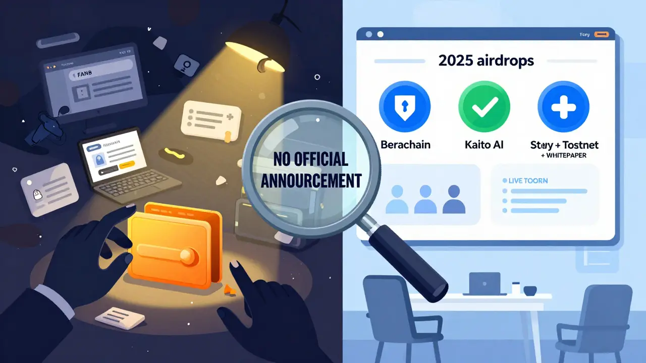 Contrasting scene: chaotic crypto scam on left, legitimate 2025 airdrops on right in editorial cartoon style.