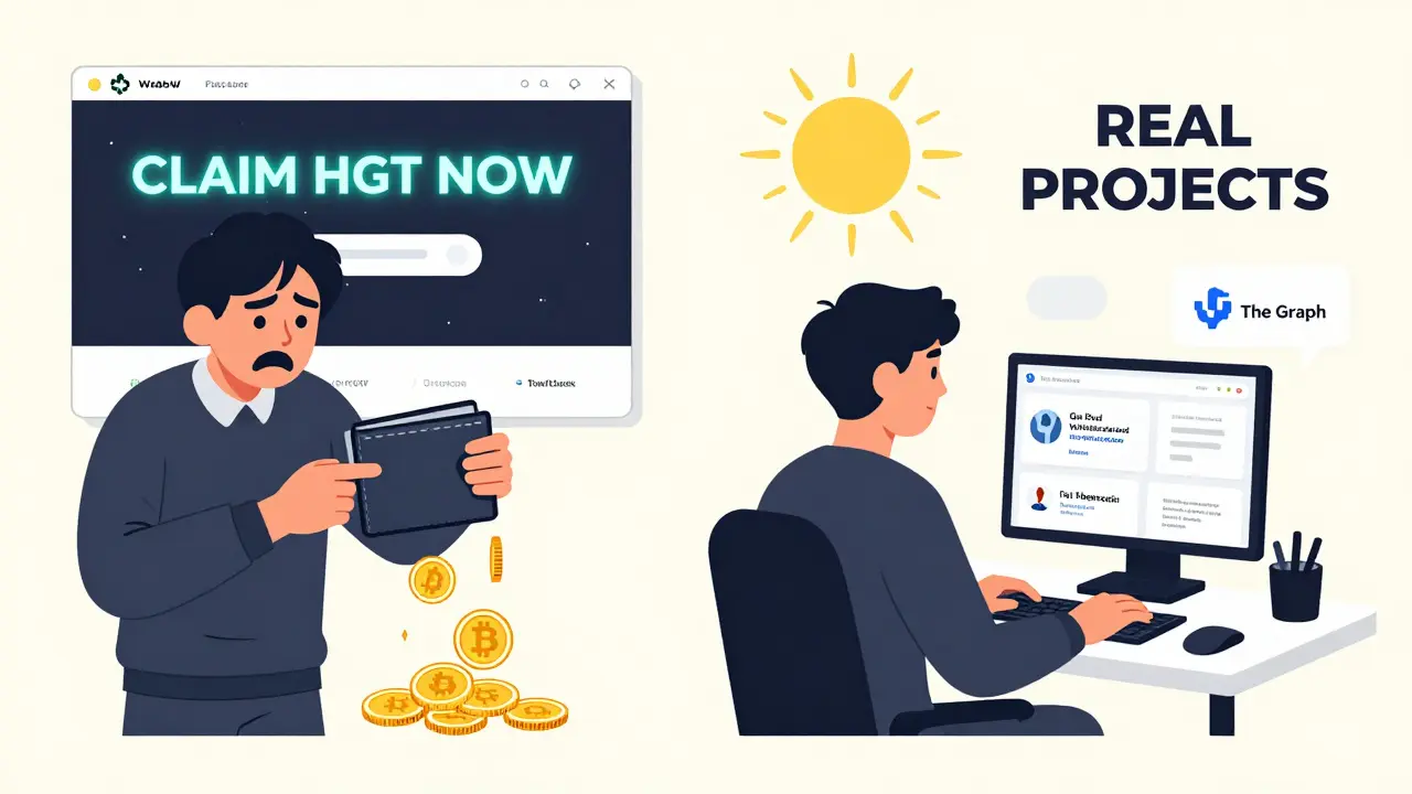 Contrasting scenes: one user losing funds to a fake airdrop site, another building real Web3 tools.