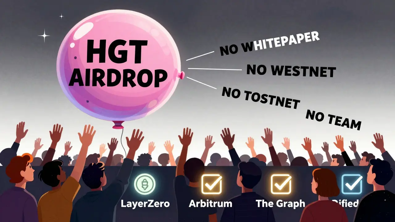 Crowd reaching for a deflating 'HGT Airdrop' balloon while real crypto projects stand strong below.