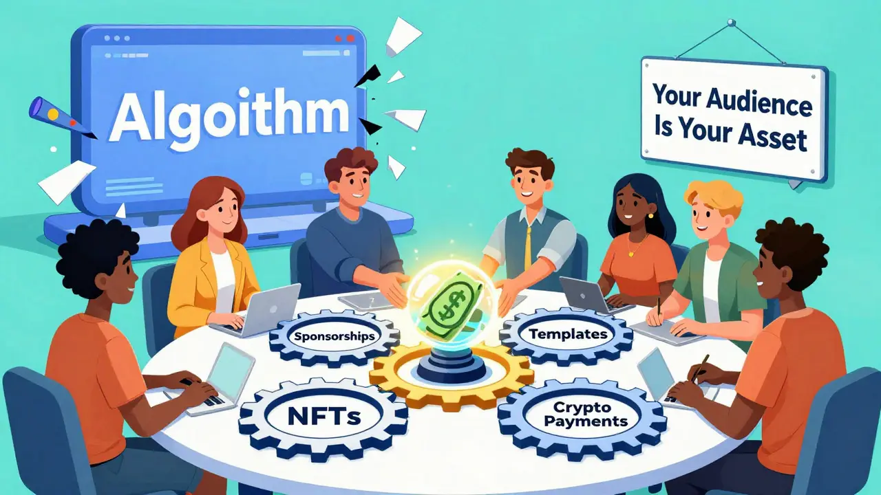 Diverse creators at a table passing money through interconnected monetization methods.