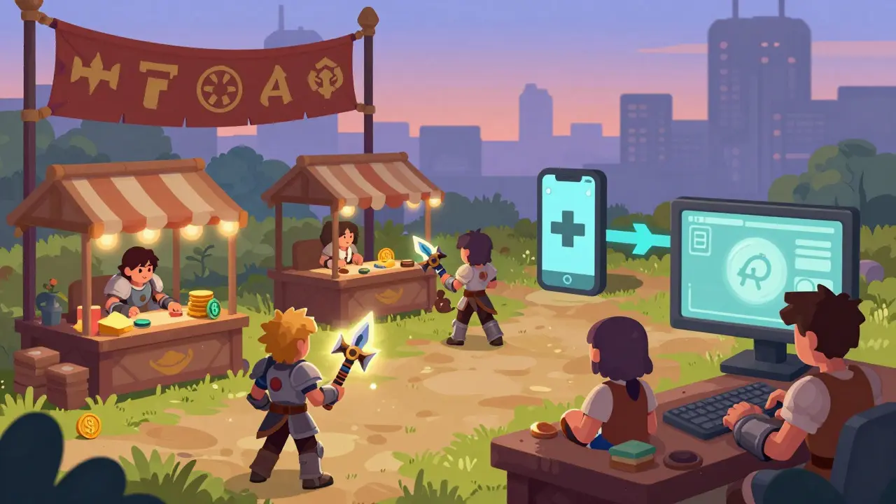 Fantasy MMORPG characters trading NFT gear using SHARDS tokens in a vibrant in-game marketplace with cross-platform devices visible.