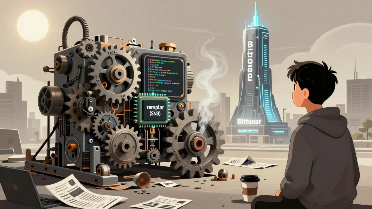 Fragile machine made of code and GPUs, developer watching as rival AI tower looms in background.