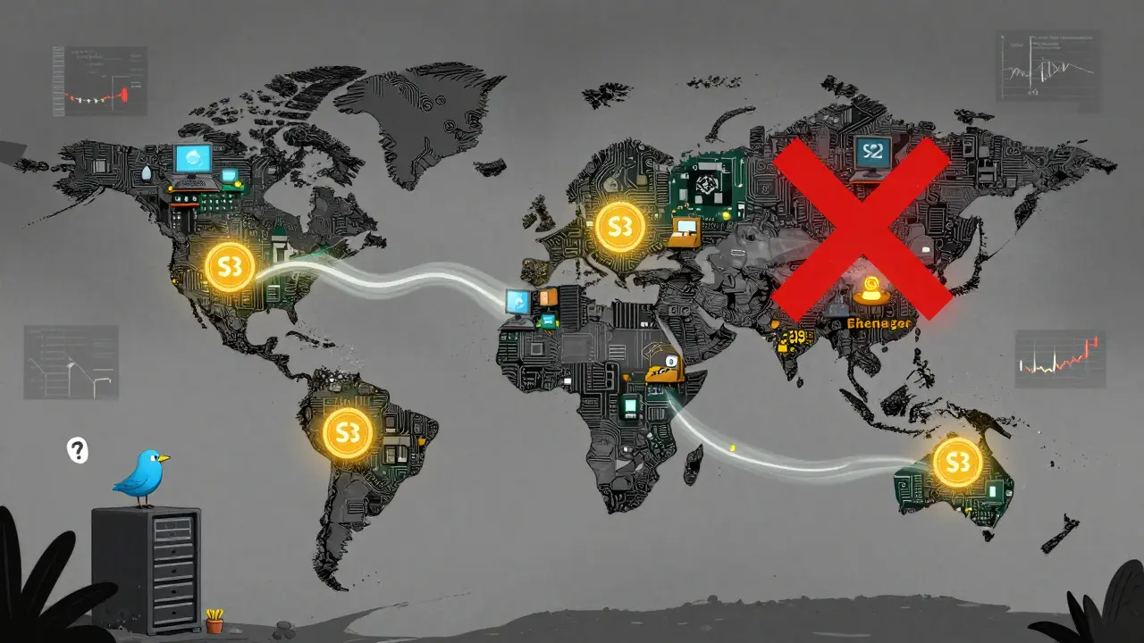 Global map of home computers training AI with SN3 tokens, major exchanges crossed out, lonely Twitter bird.