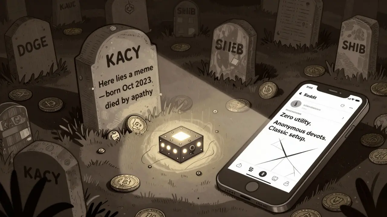 Graveyard of crypto tokens with KACY's tombstone, lit by a Solana node, beside a Reddit post.
