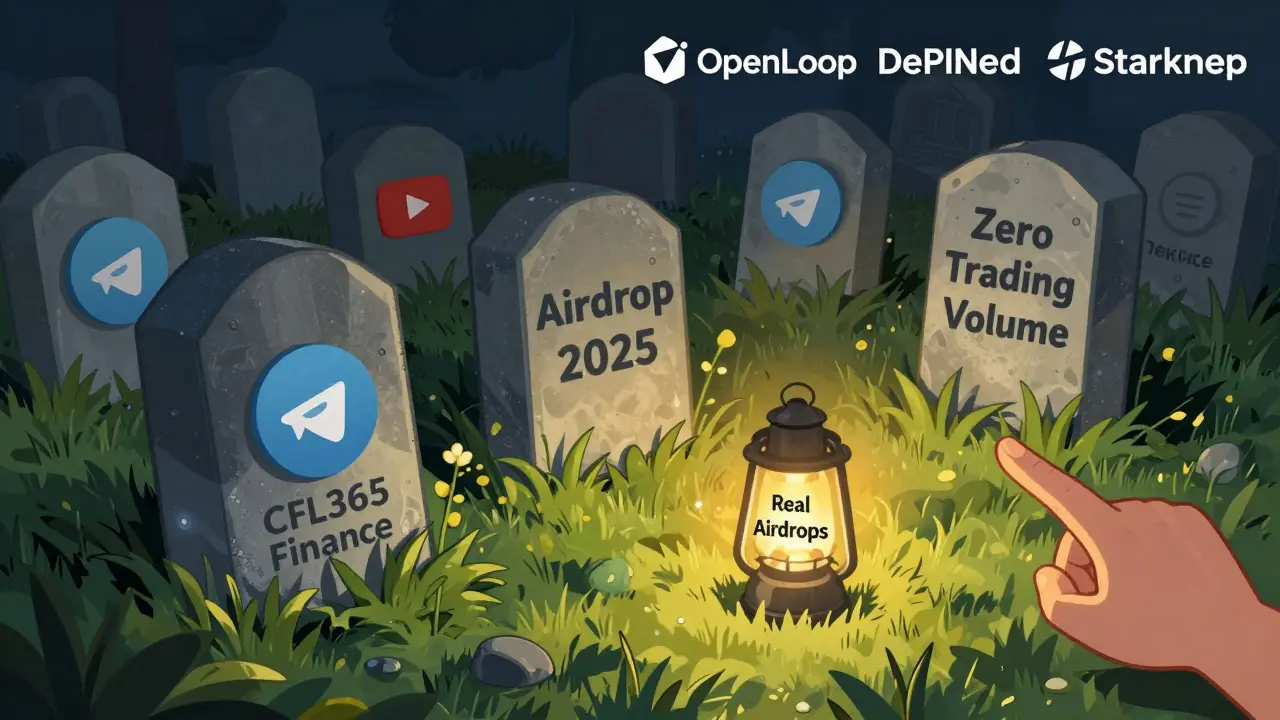 Graveyard of dead crypto projects with one lantern lighting real airdrops like Scroll and Starknet.