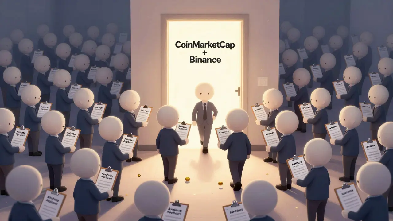 Hundreds of applicants try to pass a quiz to enter a closed door labeled CoinMarketCap and Binance.