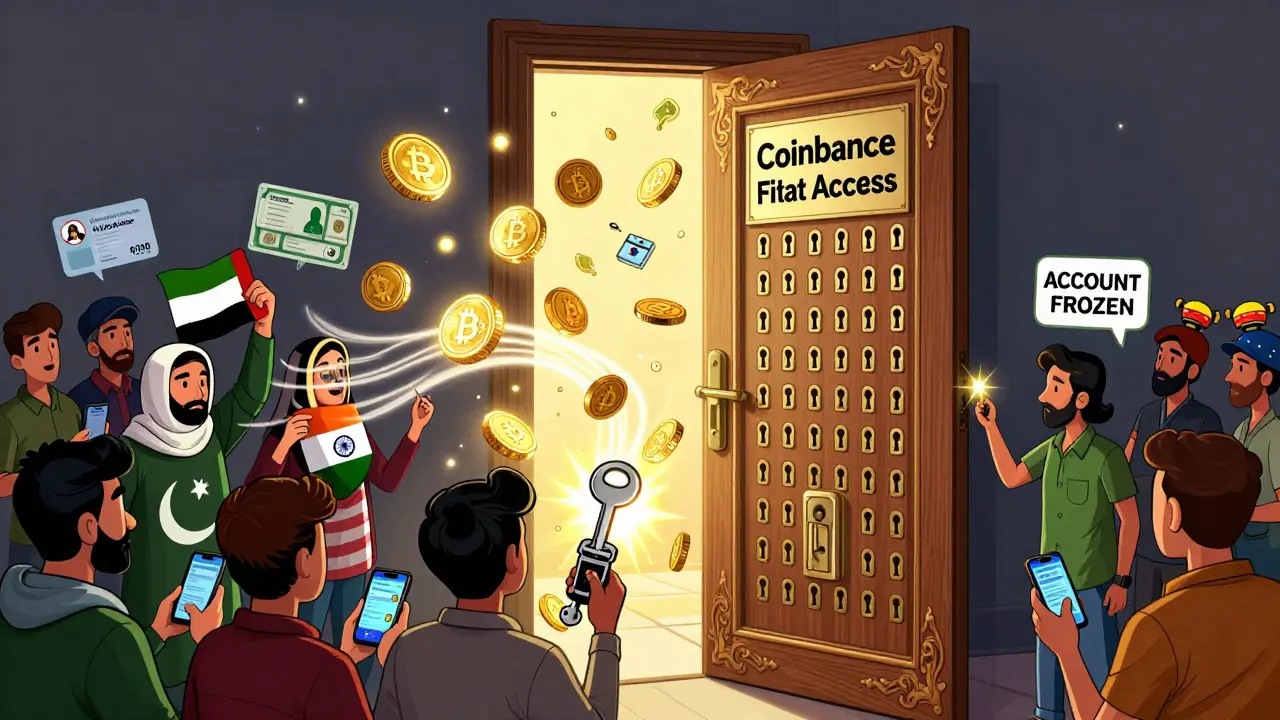 Large door labeled 'Coinbase Fiat Access' with only 48 keyholes; people from restricted countries try and fail to enter with mismatched keys.