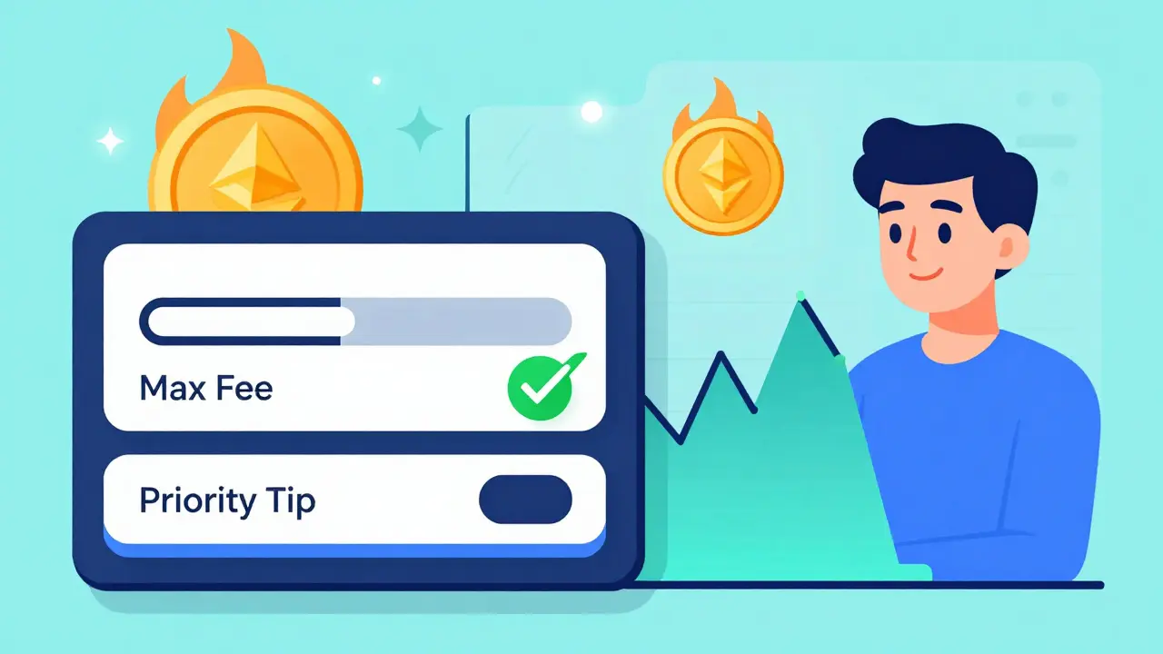 Modern wallet interface with clear fee sliders and a burning ETH symbol, showing predictable transaction fees.