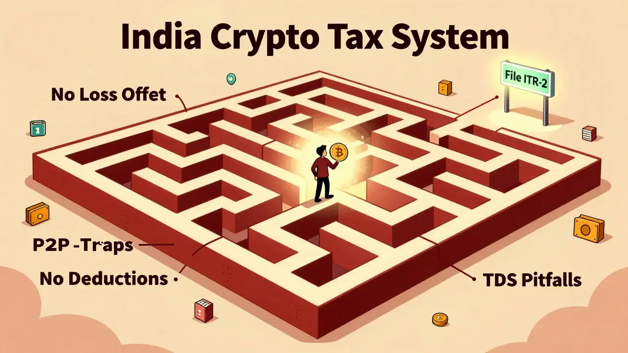 Person lost in a maze labeled with crypto tax rules, searching for an exit.