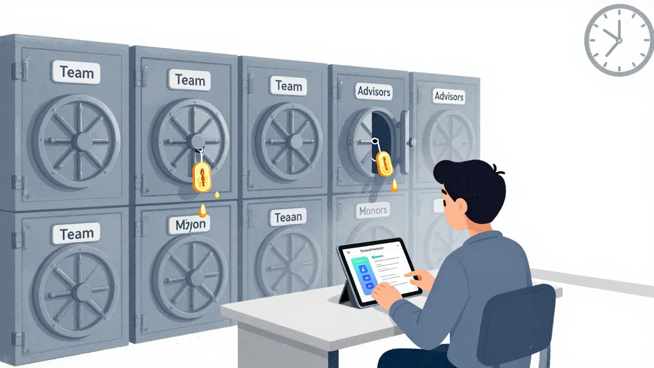 Person using a learning app as locked vaults behind them slowly release FORWARD tokens over time.
