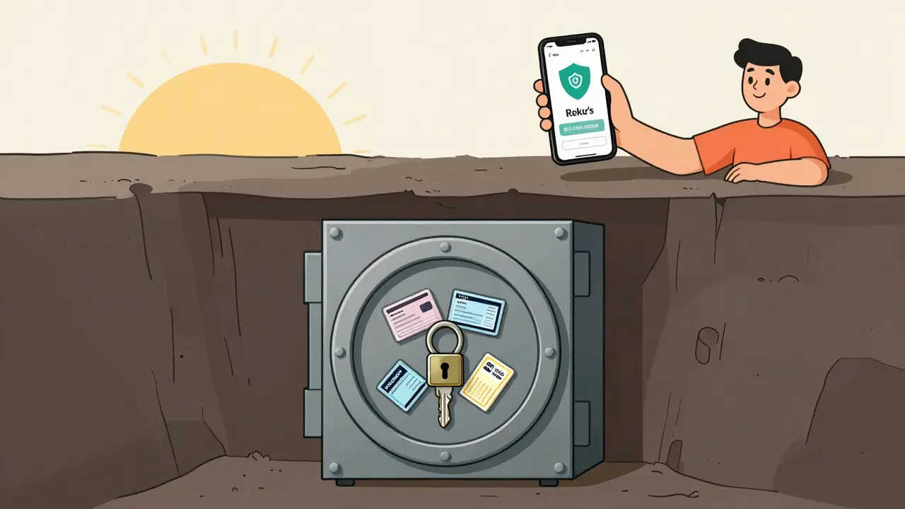 Secure digital vault protected by Indonesian ID and biometrics, symbolizing Reku's safety.