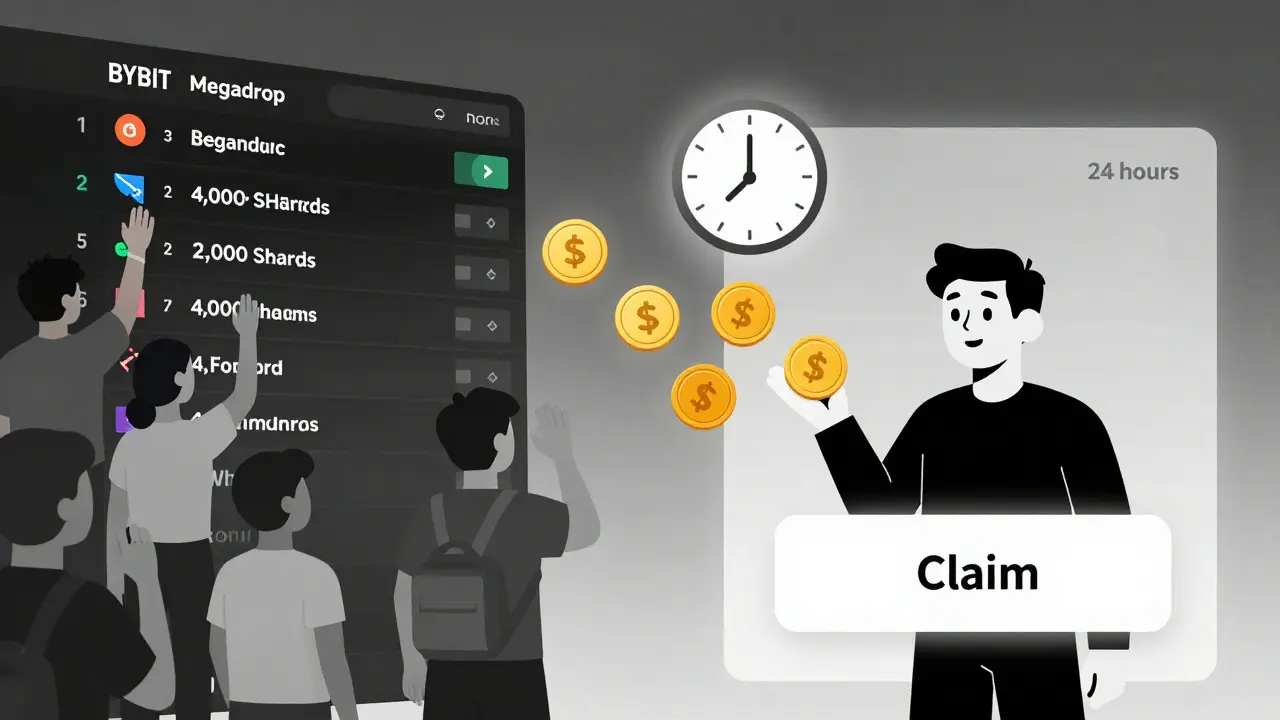 Split illustration of Bybit leaderboard and Binance Alpha claim interface with tokens appearing as users engage in trading and staking.
