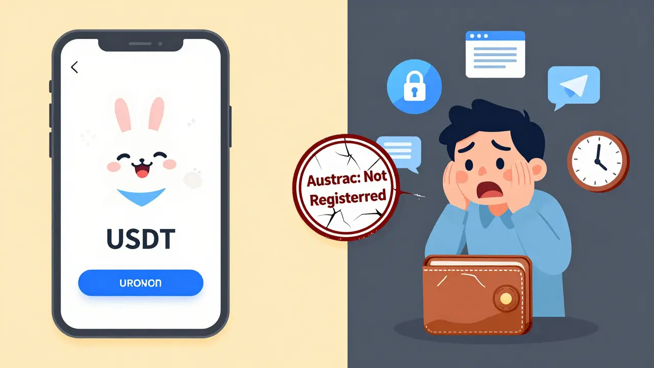 Split scene: happy crypto purchase vs. frozen account and 14-day delay warning.