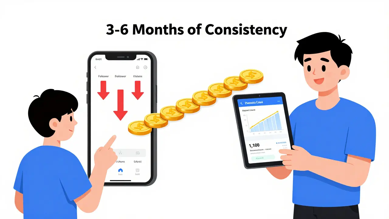 Split scene: lonely creator on left, thriving creator with multiple income streams on right.