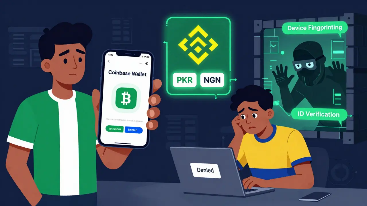 Split scene: user with blocked Coinbase bank transfer vs. Binance with local currency options, and a VPN user being detected by security systems.