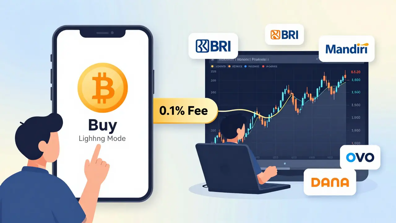 Split-screen of simple crypto buy and advanced trading modes on Reku with local payment icons.