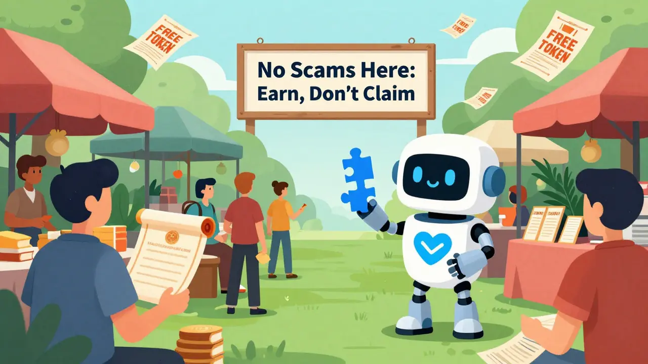 Users trading educational achievements for FORWARD tokens from a robot mascot, with fake scam flyers blowing away.