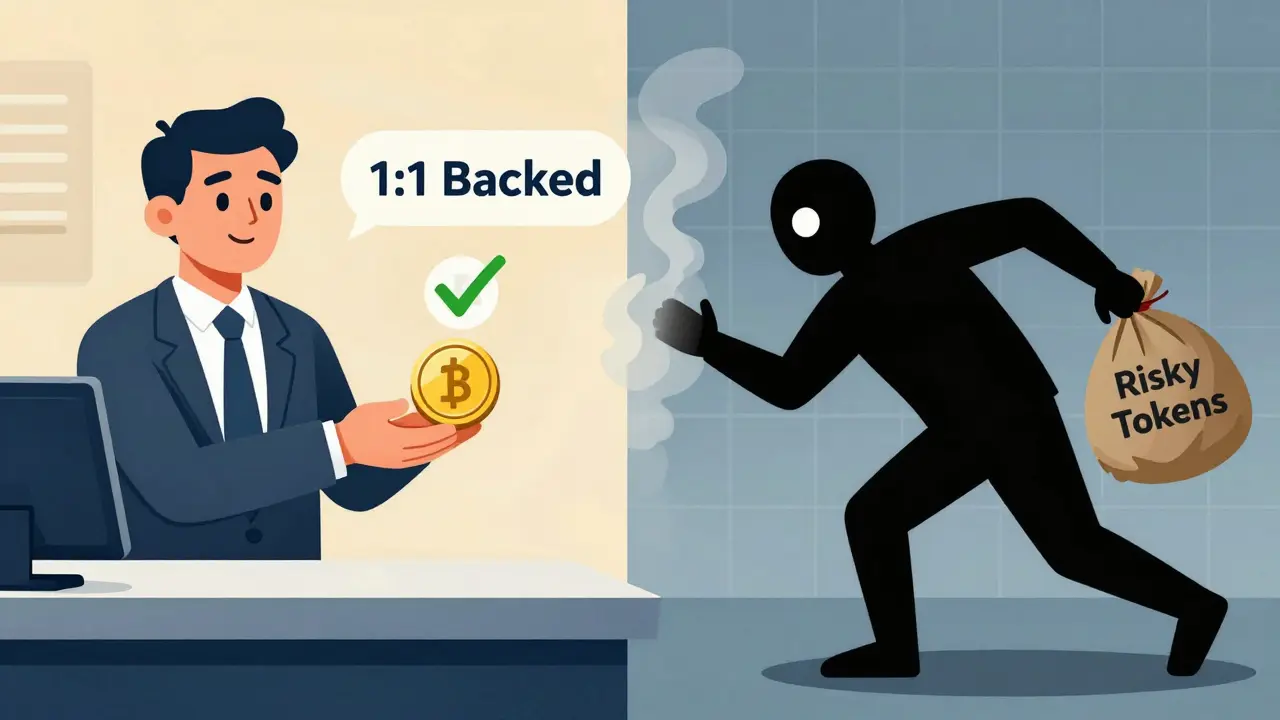 A bank teller gives a backed stablecoin while risky tokens melt into smoke.