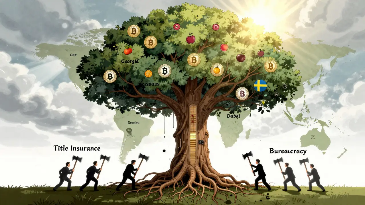 A blockchain tree with global branches and tokens, under attack by figures representing traditional real estate barriers.