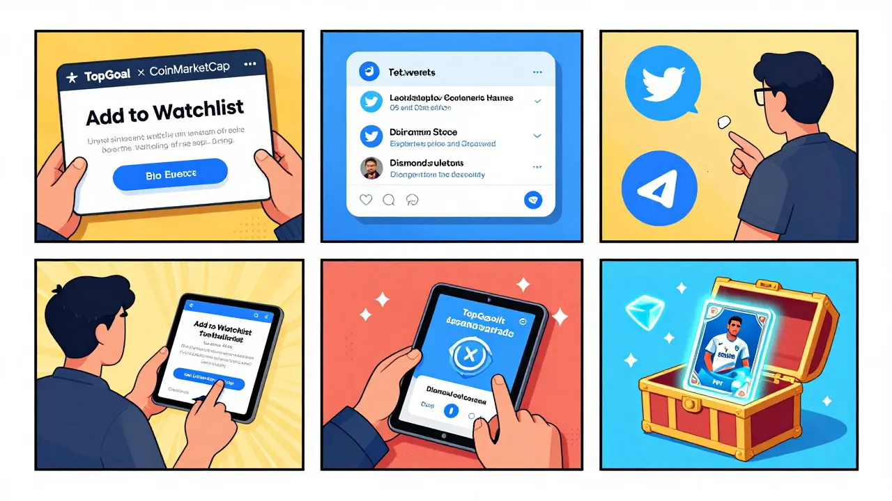 A comic-style sequence showing a fan completing nine steps to enter the TopGoal x CoinMarketCap airdrop, ending with an open NFT chest.