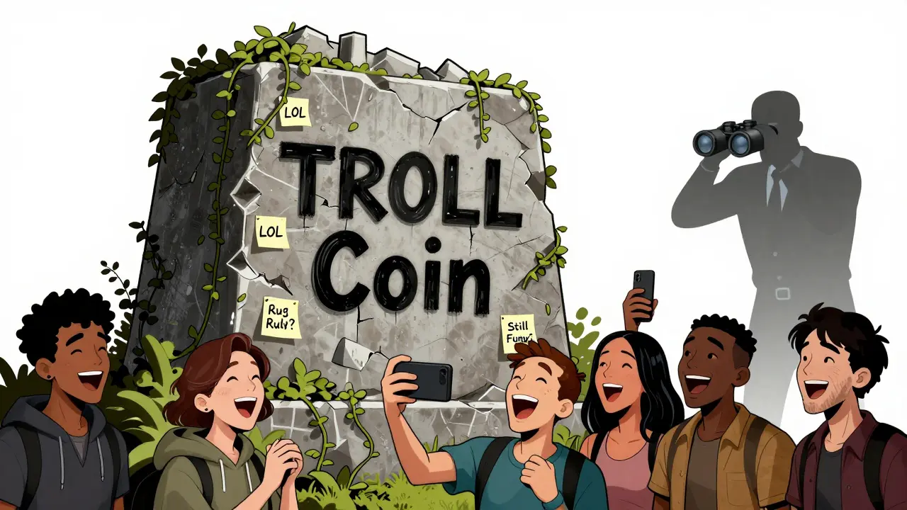 A crumbling TROLL Coin monument covered in memes is visited by laughing people while a shadowy figure watches from afar.