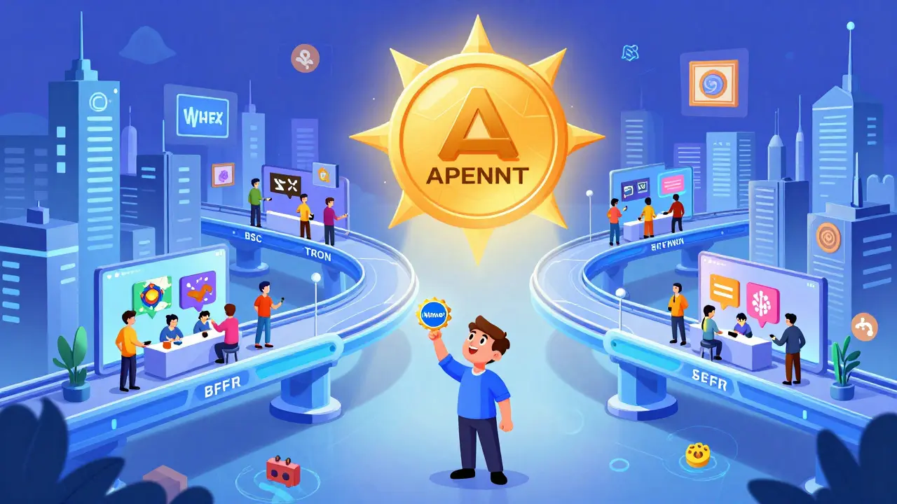 A futuristic NFT city built on three blockchains with a giant APENFT token shining above a winner standing below.