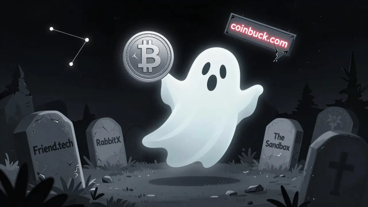 A ghostly BUCK coin drifts through a graveyard of dead crypto projects under a dark sky.