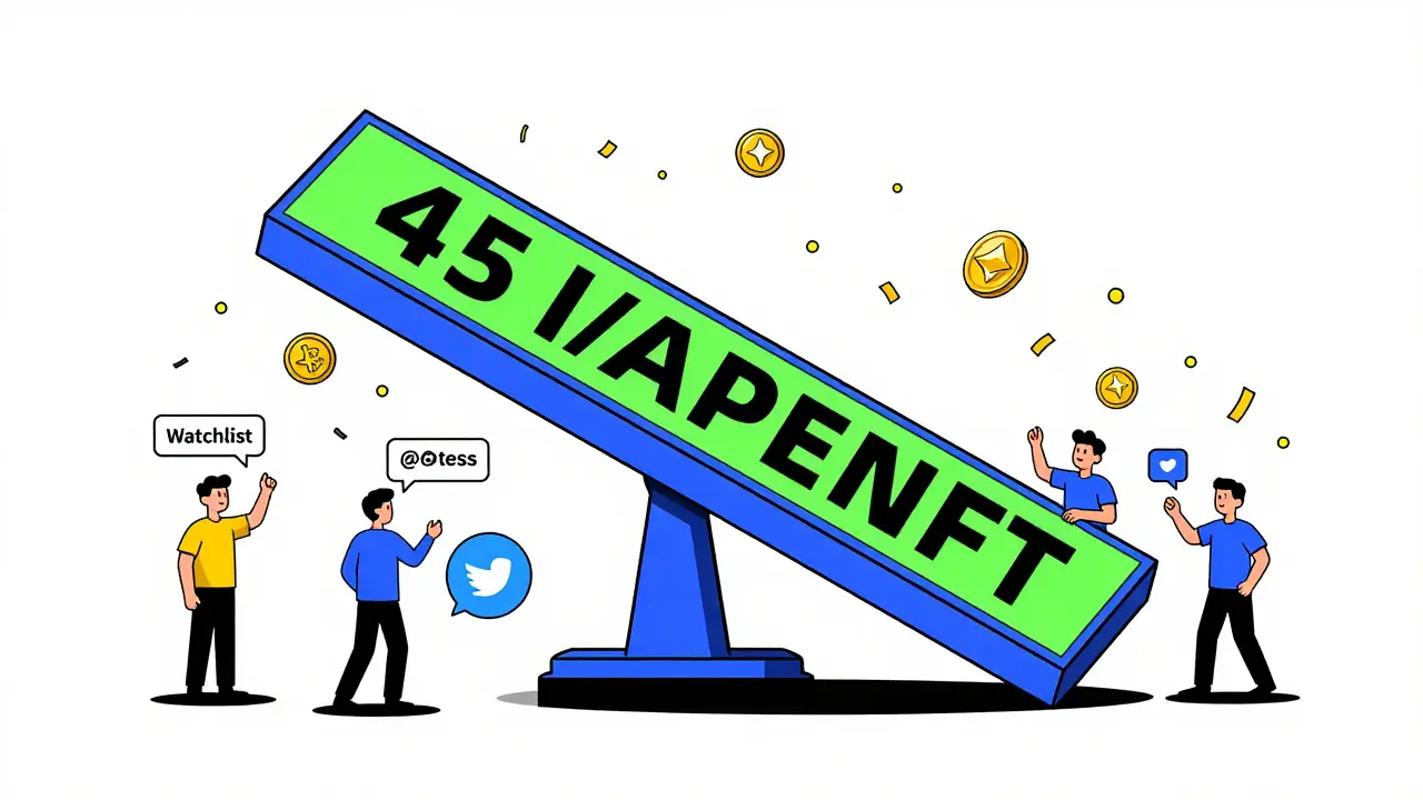 A giant scale weighed down by APENFT tokens as five people complete simple airdrop tasks with blockchain confetti.