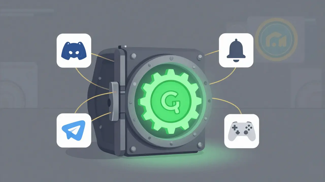 A locked vault holds a single GEAR token, connected by threads to social and wallet icons under a CoinMarketCap badge.