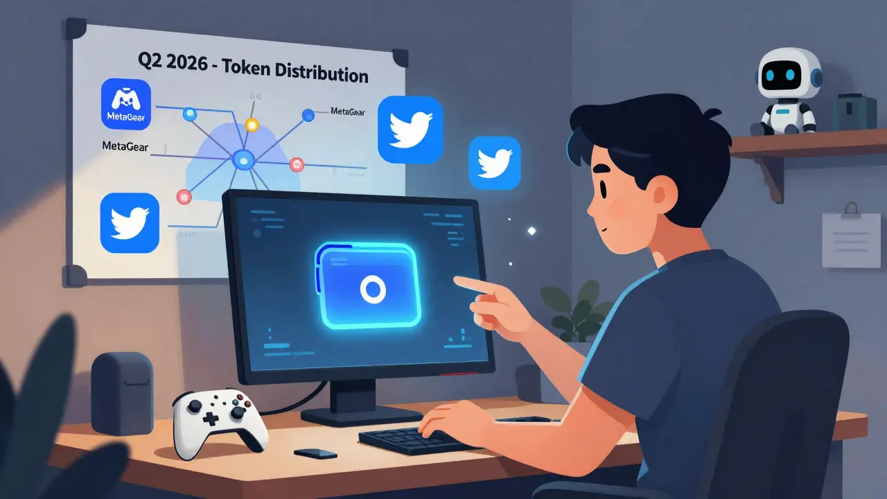 A person preparing for the MetaGear airdrop with wallet and official community icons on screen.