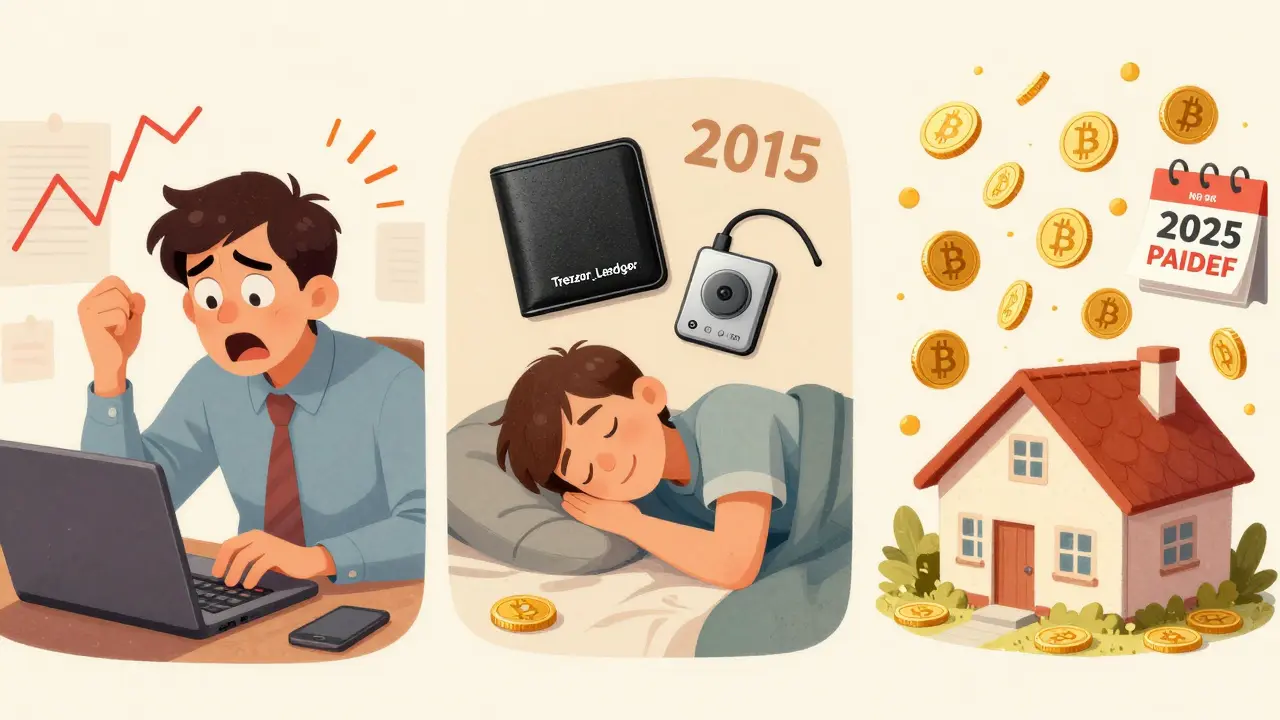 A person sleeps peacefully beside a hardware wallet in 2015, while years later, wealth rains down on their home.